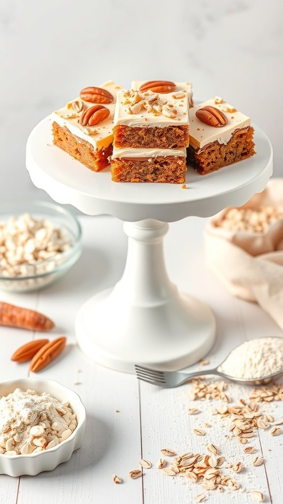 Gluten-free carrot cake bars on a white cake stand, topped with cream cheese frosting and pecans.