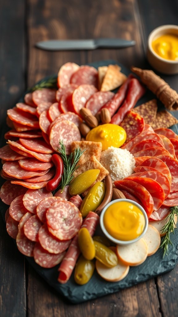 A hearty meat lovers' charcuterie board featuring various meats, crackers, pickles, and dips.