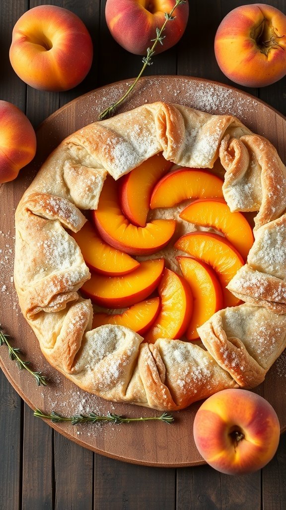 A rustic peach galette with fresh peach slices and a dusting of powdered sugar on a wooden board.