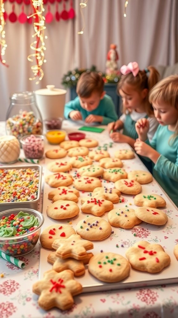 Children decorating cookies at a festive cookie decorating station.