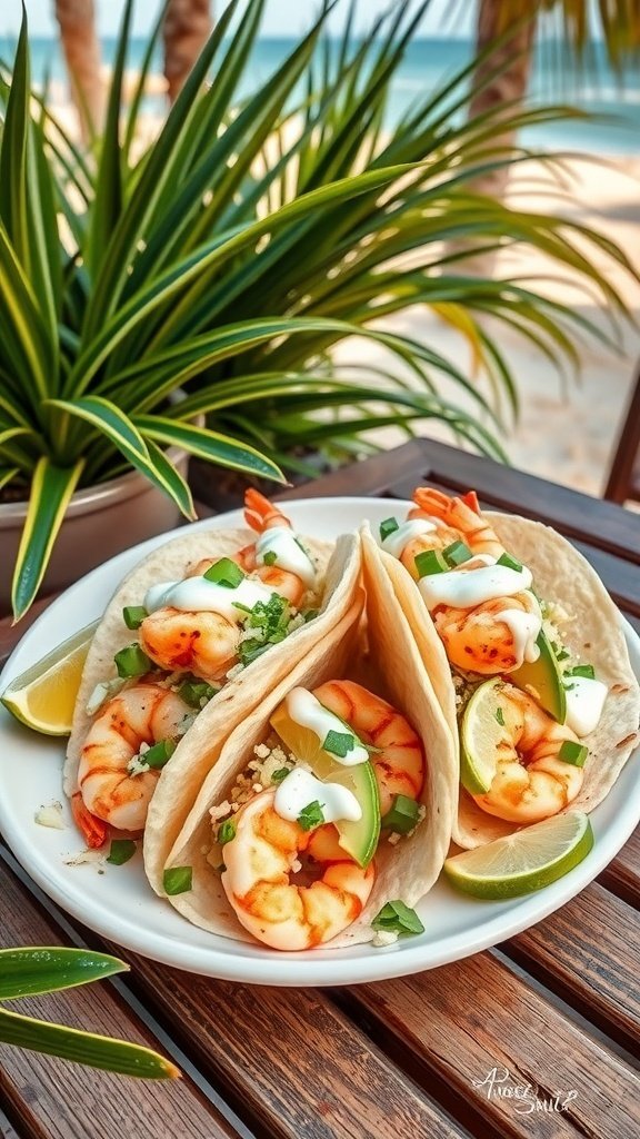 A plate of shrimp tacos with fresh ingredients, garnished with lime and cilantro.
