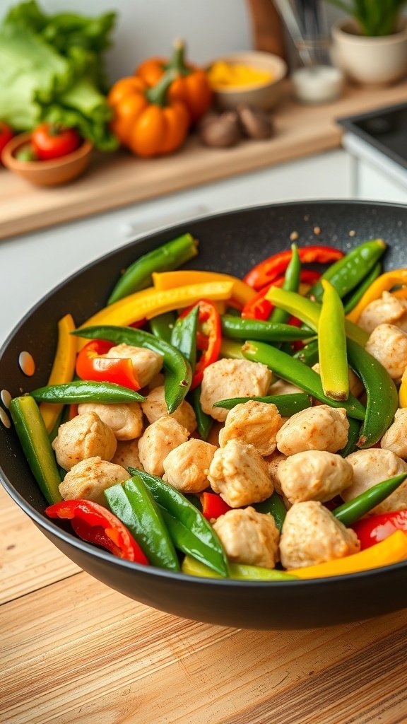 A colorful stir-fry with chicken and various vegetables in a black skillet.