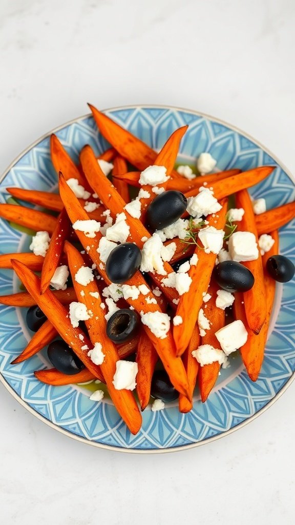 A plate of Mediterranean-inspired carrot fries topped with feta cheese and black olives.