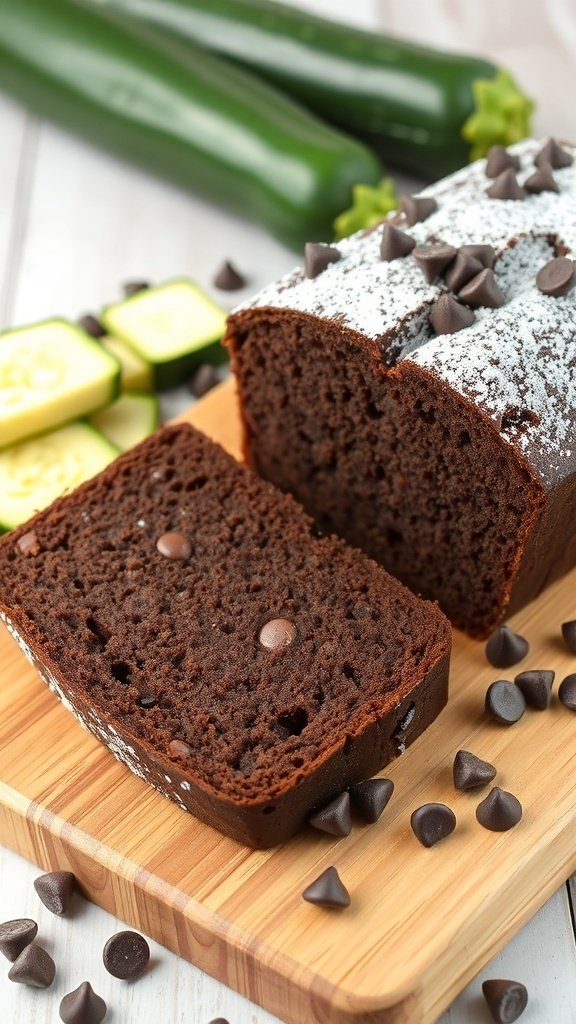 Sliced chocolate zucchini bread on a wooden cutting board with chocolate chips and fresh zucchini in the background.
