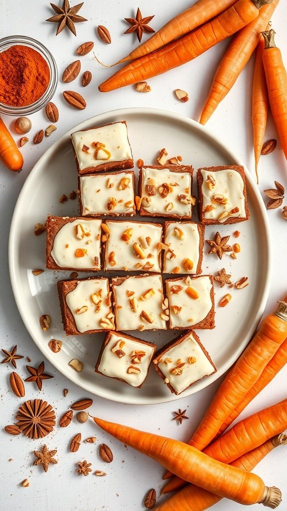 Carrot cake bars topped with cream cheese frosting and nuts, surrounded by fresh carrots and spices.