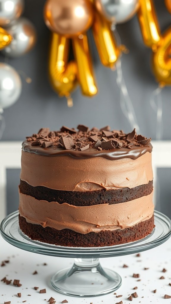A rich chocolate graduation cake with layers and chocolate shavings on top, surrounded by festive balloons.