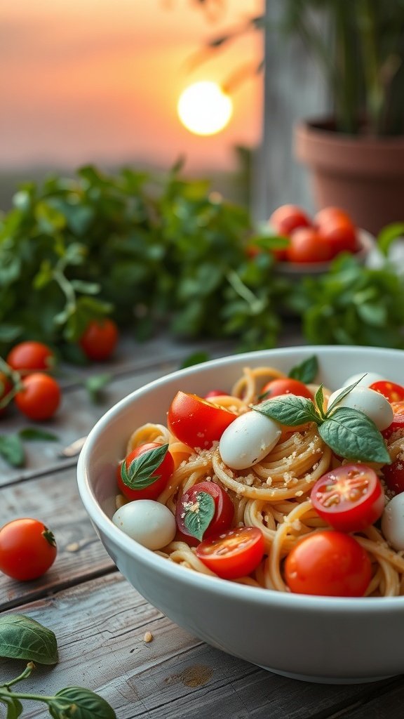 A bowl of spaghetti with cherry tomatoes, mozzarella, and basil, set against a warm sunset.