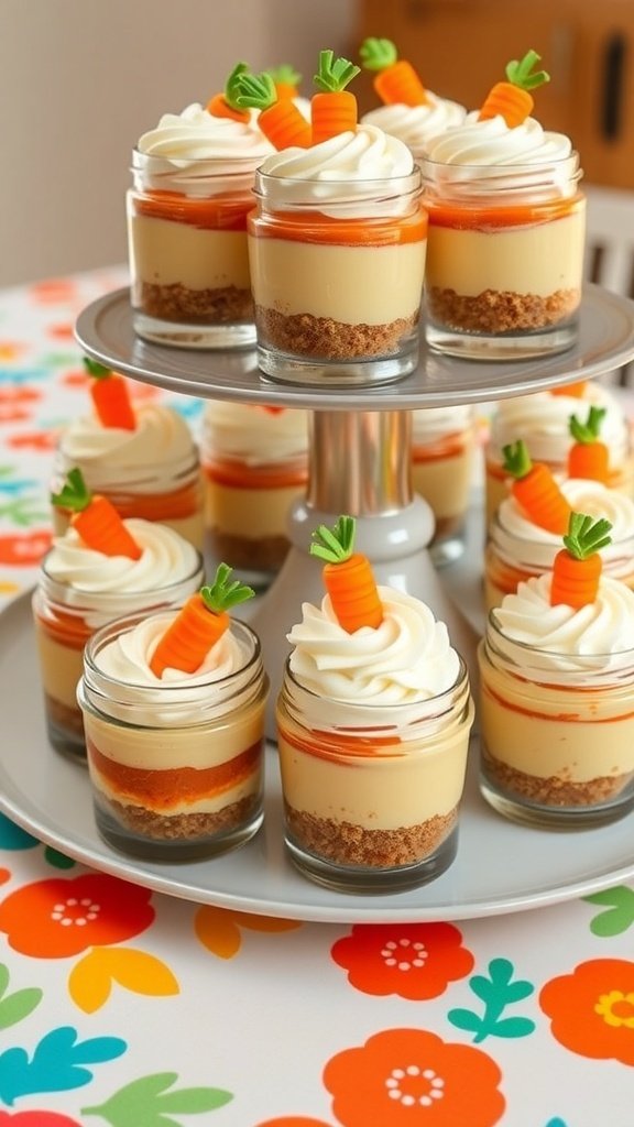Mini carrot cake cheesecakes in jars with decorative carrot toppers