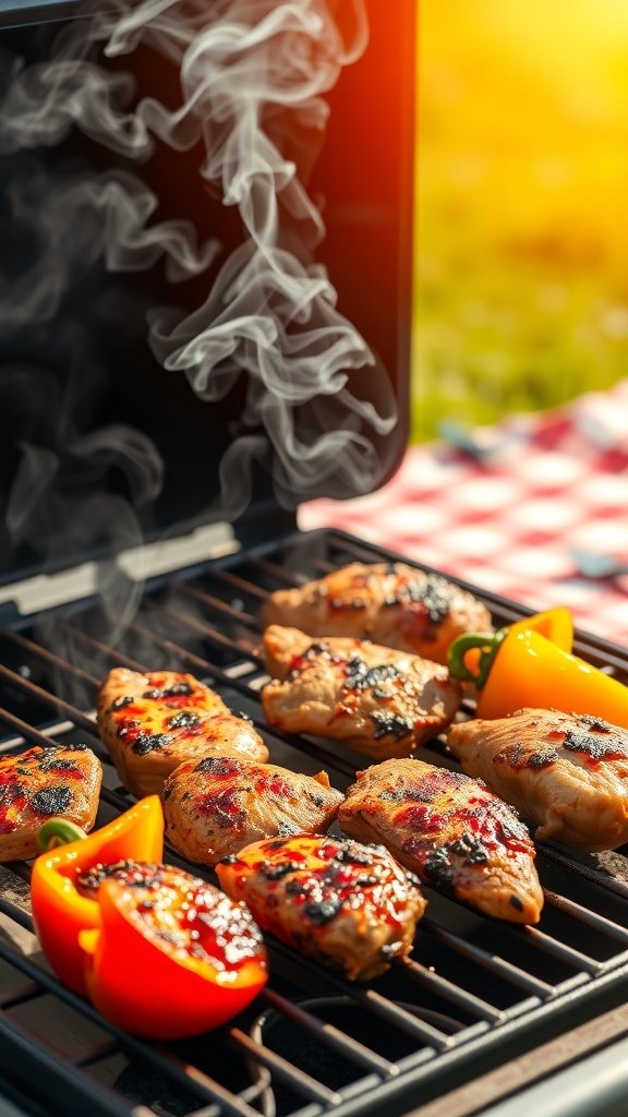 Grilled chicken and bell peppers on a BBQ grill with smoke rising