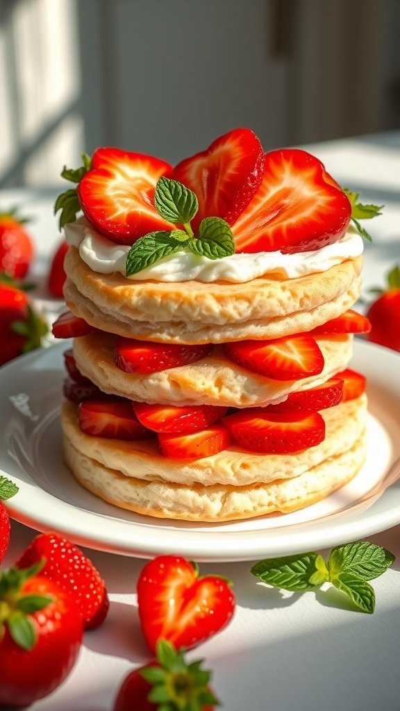 Fluffy strawberry shortcake with fresh strawberries and mint leaves on top.
