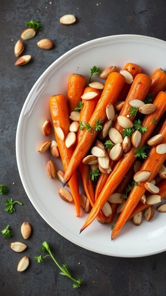 A plate of honey-glazed carrots topped with sliced almonds and parsley.