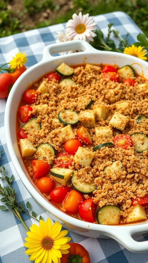 A colorful summer vegetable casserole with zucchini, tomatoes, and a crumbly topping, set on a picnic table.