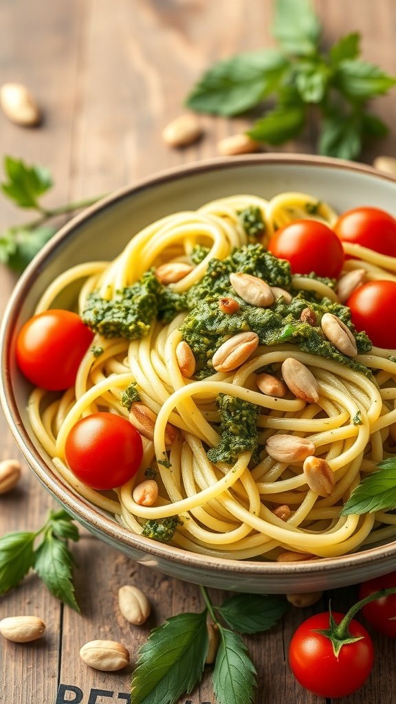 A bowl of zucchini noodles with pesto, cherry tomatoes, and pine nuts, garnished with fresh basil.