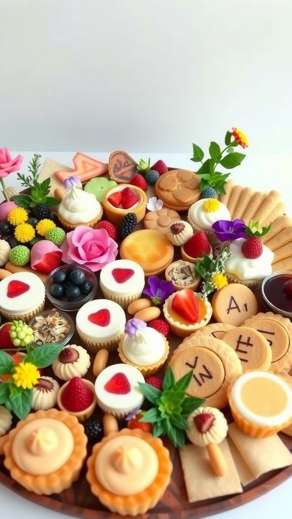 A colorful dessert charcuterie board featuring mini cheesecakes, cupcakes, macarons, and fresh fruits.