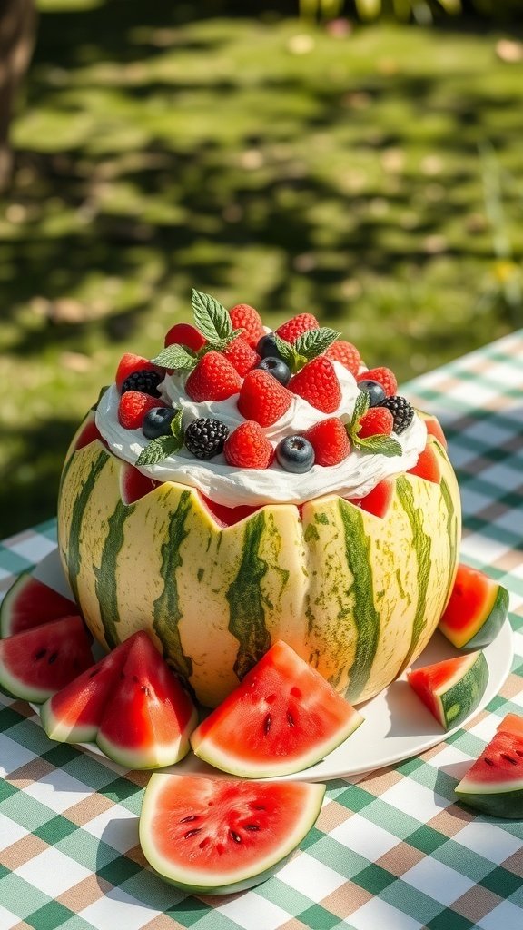 A refreshing watermelon cake decorated with berries and mint leaves, perfect for summer.