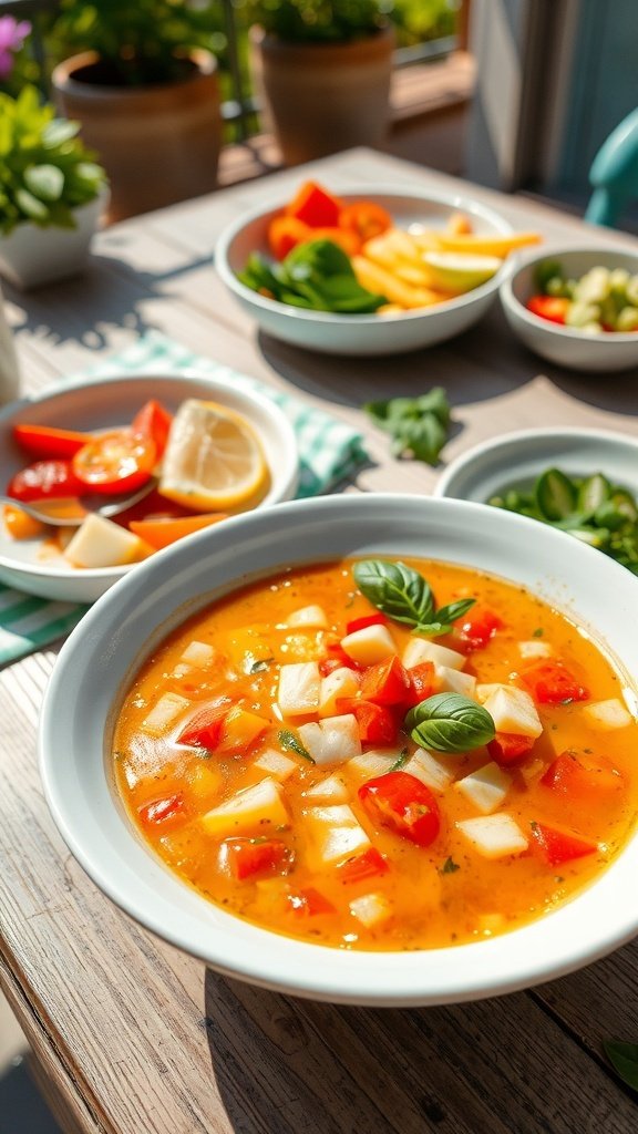 A bowl of chilled gazpacho with diced vegetables and fresh basil on top, surrounded by colorful ingredients.