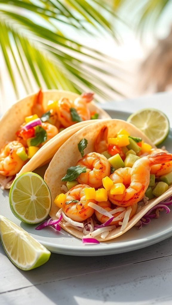 Grilled shrimp tacos with mango salsa, garnished with lime and surrounded by tropical leaves.