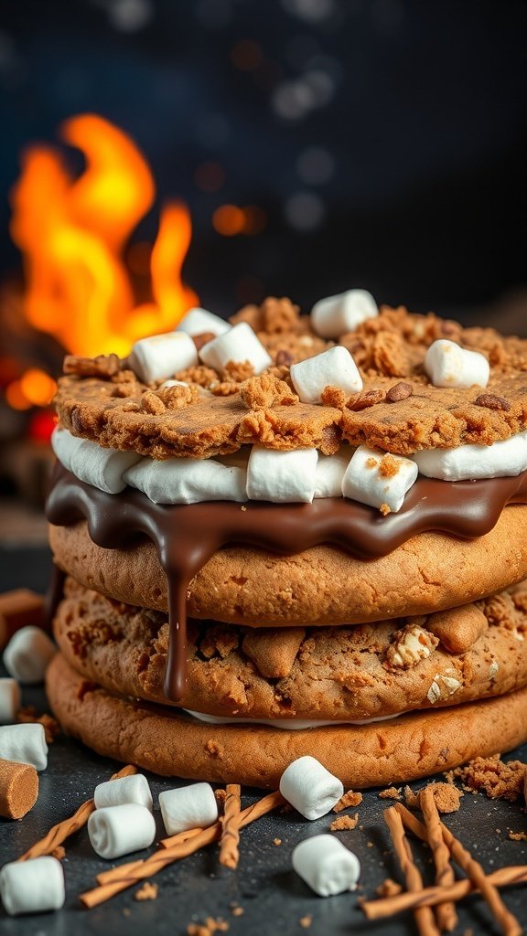 A delicious S'Mores cookie cake with layers of cookies, chocolate, and marshmallows, set against a campfire background.