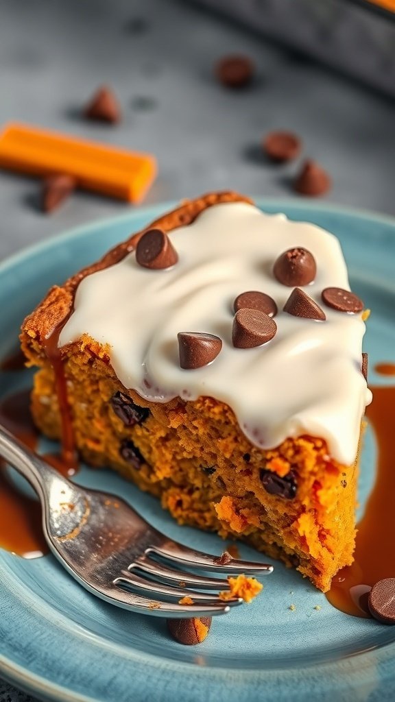 A slice of chocolate chip carrot cake with cream cheese frosting and chocolate chips on a blue plate.