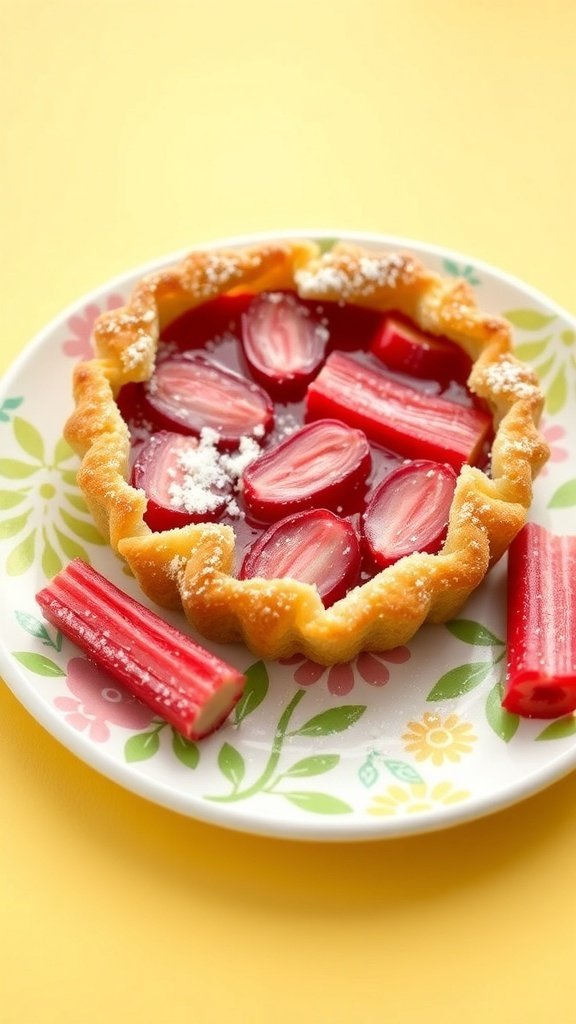 A gluten-free rhubarb tart on a floral plate with fresh rhubarb stalks beside it.