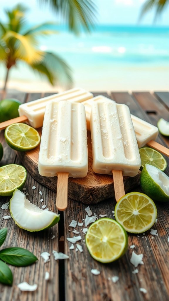 Coconut lime popsicles on a wooden board with lime slices and coconut shavings, set against a beach background.