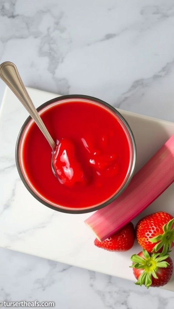 A bowl of bright red rhubarb sauce with strawberries, alongside fresh rhubarb stalks and strawberries on a marble surface.
