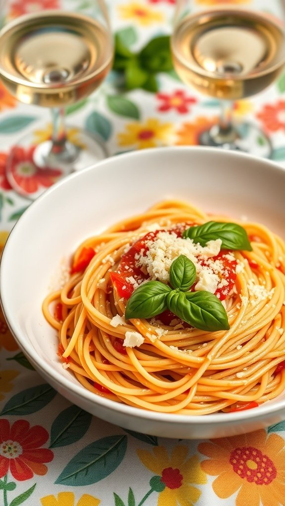 A bowl of spaghetti with fresh tomatoes and basil, accompanied by glasses of white wine on a floral tablecloth.