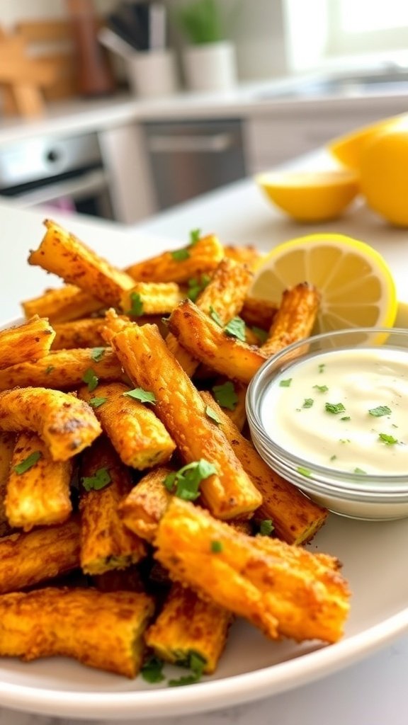 Air-fried zucchini fries served with a dipping sauce and lemon slices