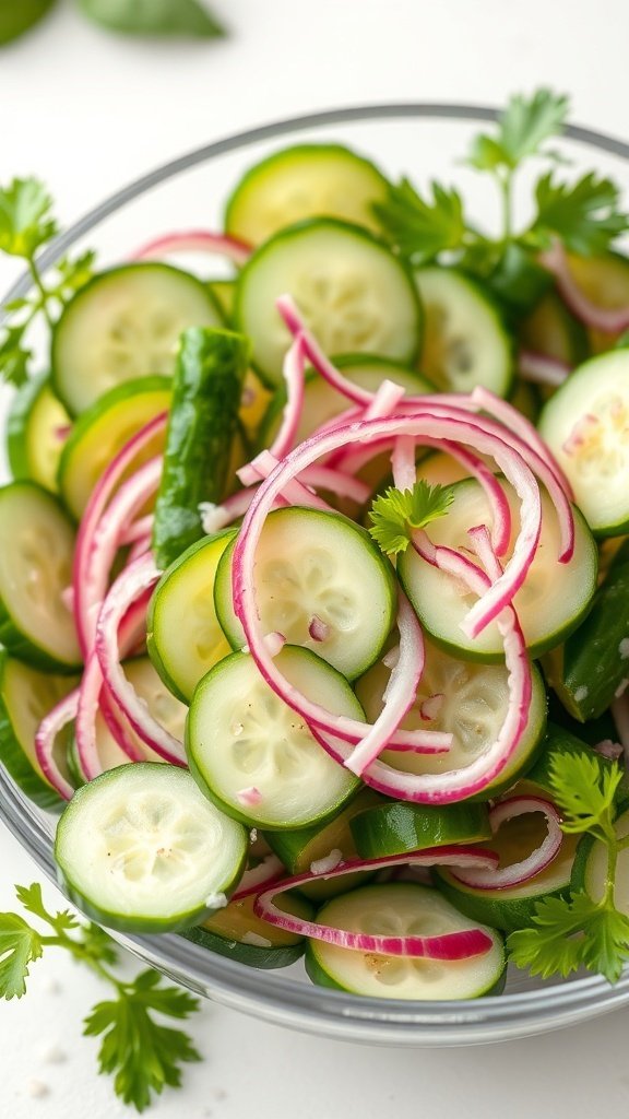 A bowl of fresh cucumber salad with sliced cucumbers, red onions, and cilantro.