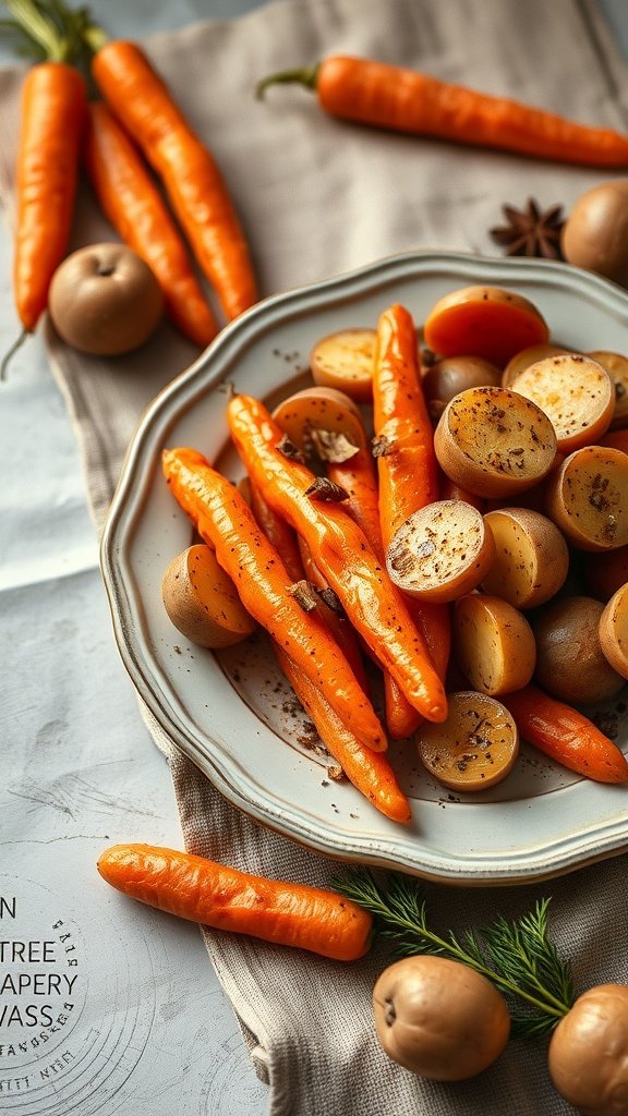 A plate of roasted carrots and potatoes, garnished with herbs.