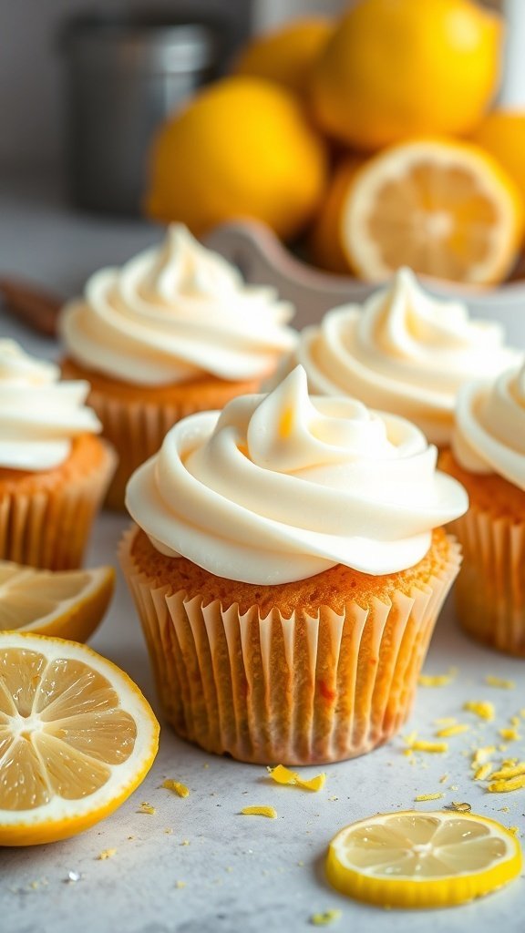 Lemon zest infused carrot cupcakes with cream cheese frosting and lemon slices
