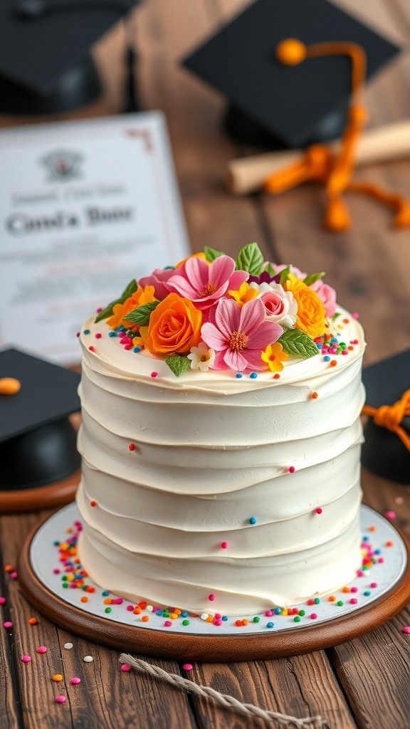 A classic vanilla buttercream cake decorated with flowers and sprinkles, set against a backdrop of graduation caps and a diploma.