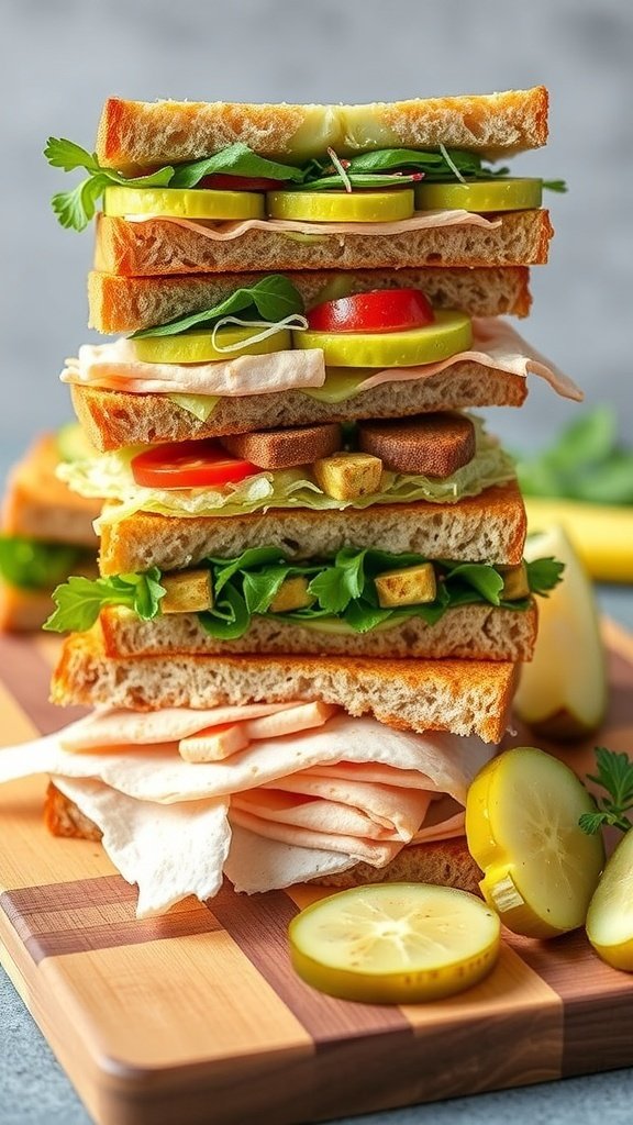 A stack of colorful sandwiches with layers of turkey, lettuce, tomatoes, and pickles on a wooden cutting board.