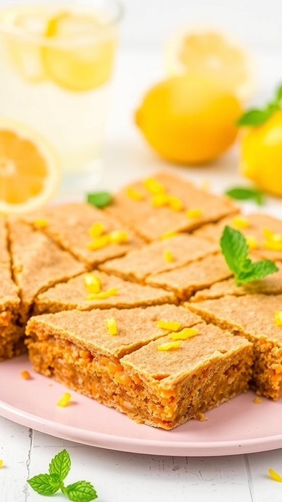 Zesty lemon carrot cake bars on a pink plate, garnished with lemon zest and mint leaves.