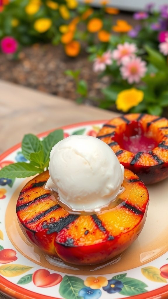 Grilled peaches with ice cream on a colorful plate surrounded by flowers