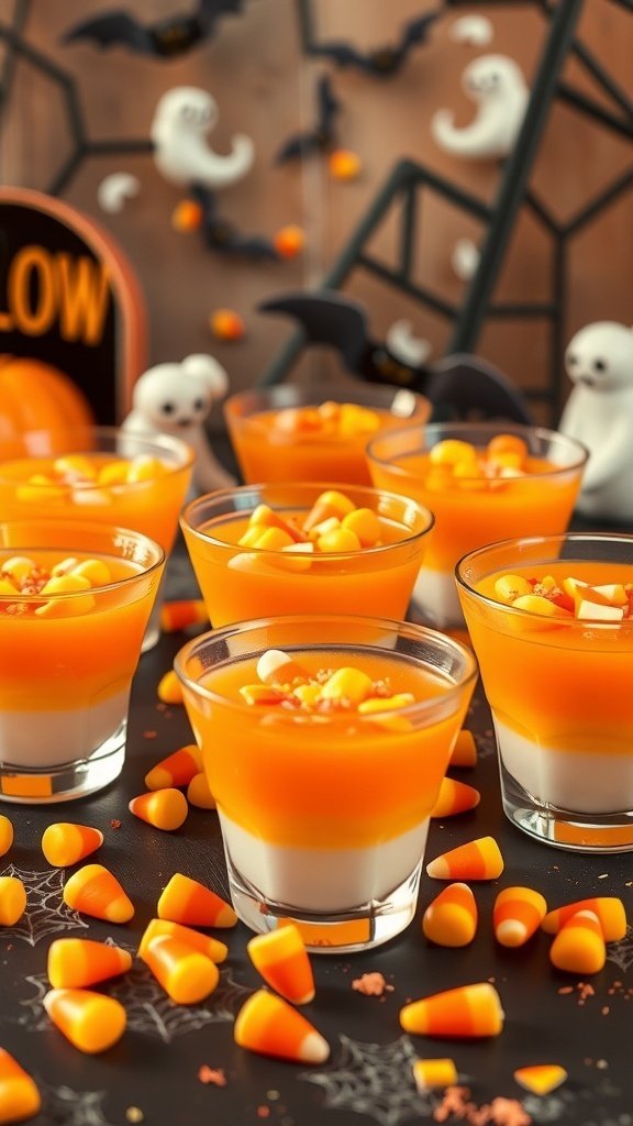 Colorful Candy Corn Jello Cups with candy corn on top, perfect for Summerween celebrations.