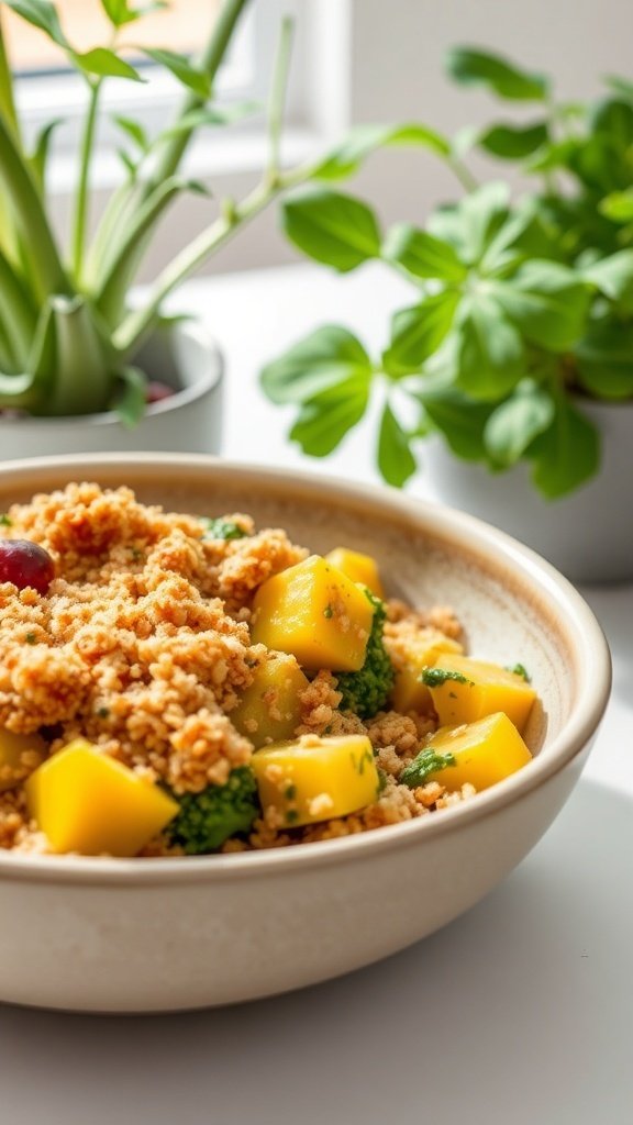 A bowl of Vegan Summer Squash and Quinoa Bake with diced squash and broccoli, topped with breadcrumbs.
