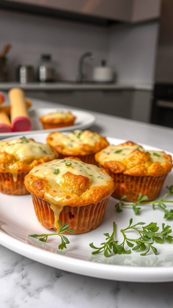 Savory cheese and herb rhubarb muffins on a plate, garnished with fresh herbs.