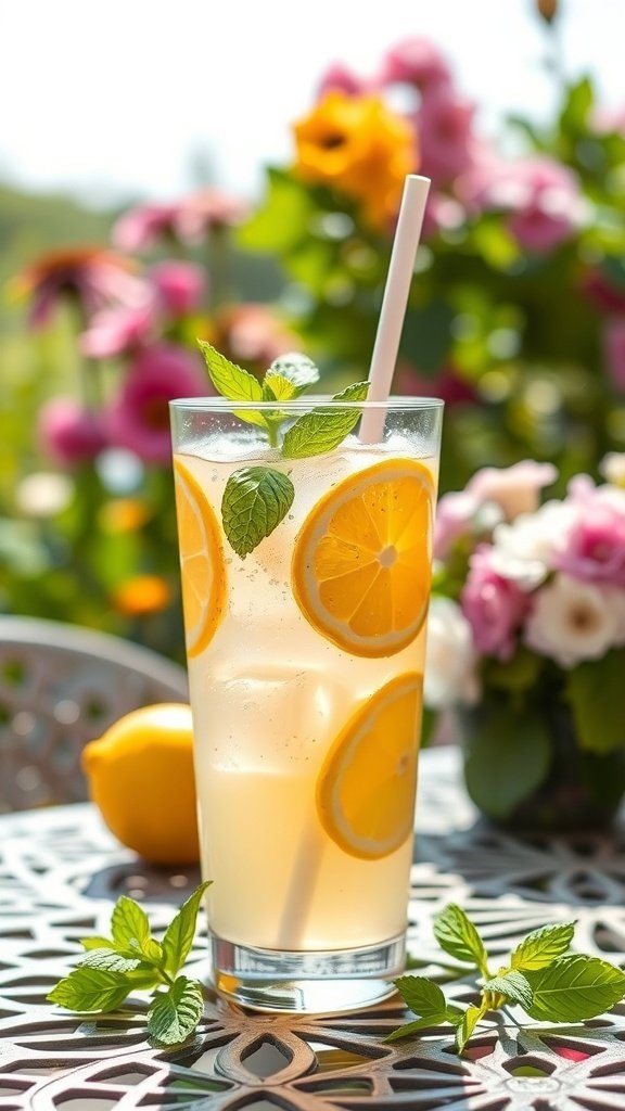 A refreshing glass of lemonade with lemon slices and mint leaves, surrounded by colorful flowers.