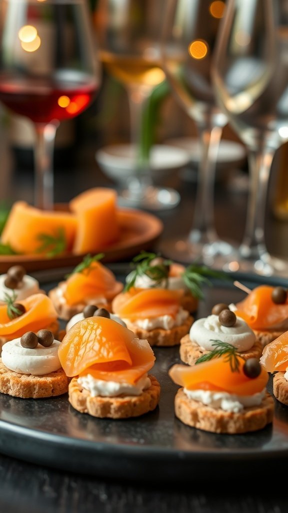 A platter of smoked salmon and cream cheese bites with wine glasses in the background.