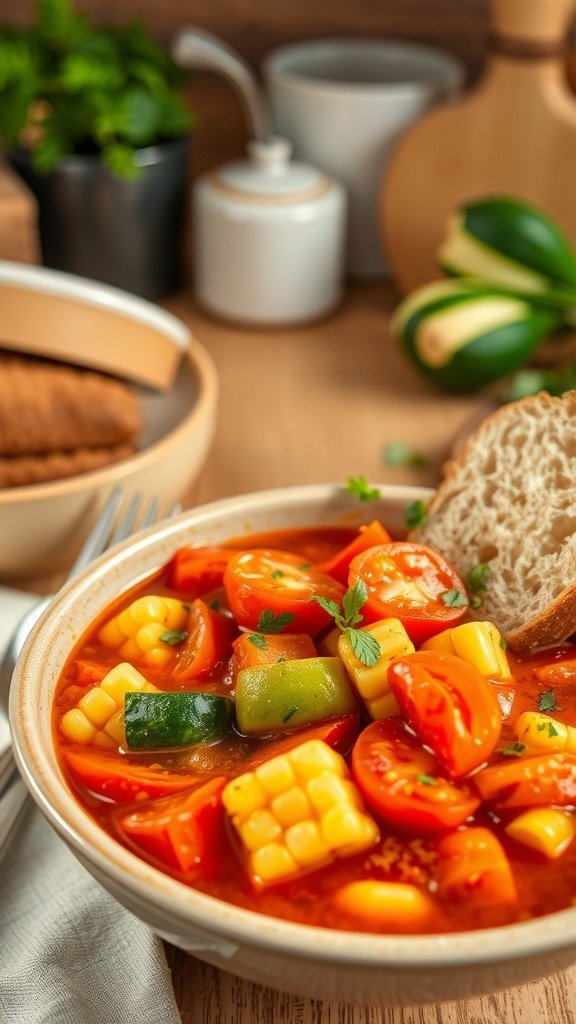 A bowl of colorful summer vegetable stew with bread on the side.