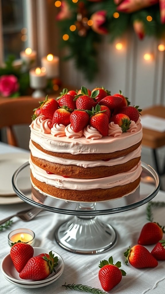 A beautiful rhubarb and strawberry layer cake decorated with fresh strawberries on top.