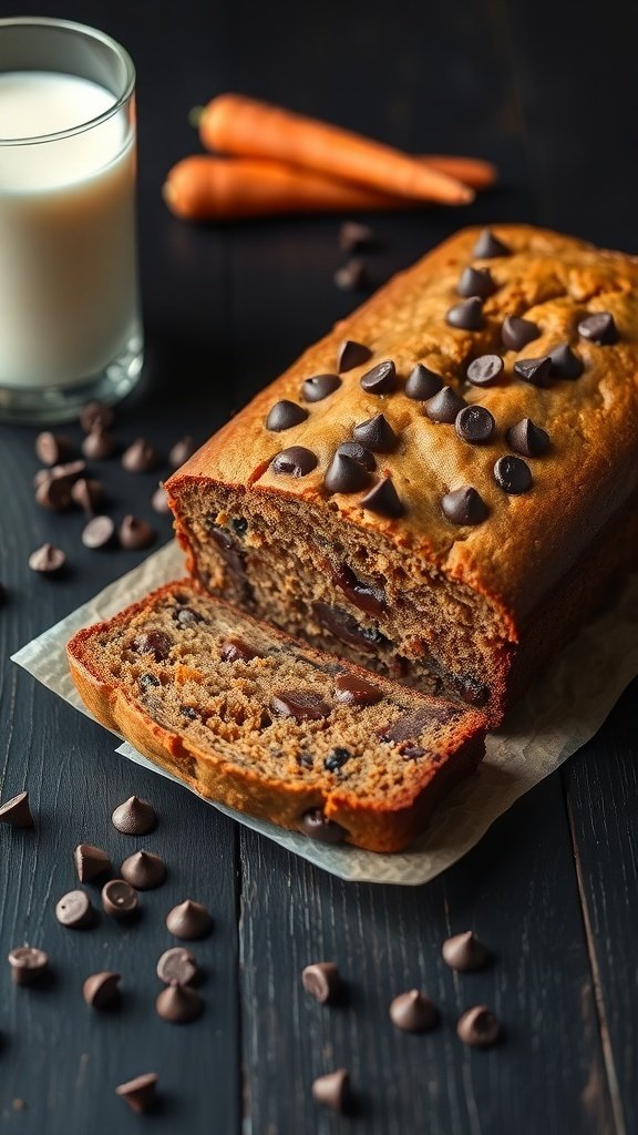 A loaf of chocolate chip carrot bread, sliced with chocolate chips on top, alongside a glass of milk and fresh carrots.