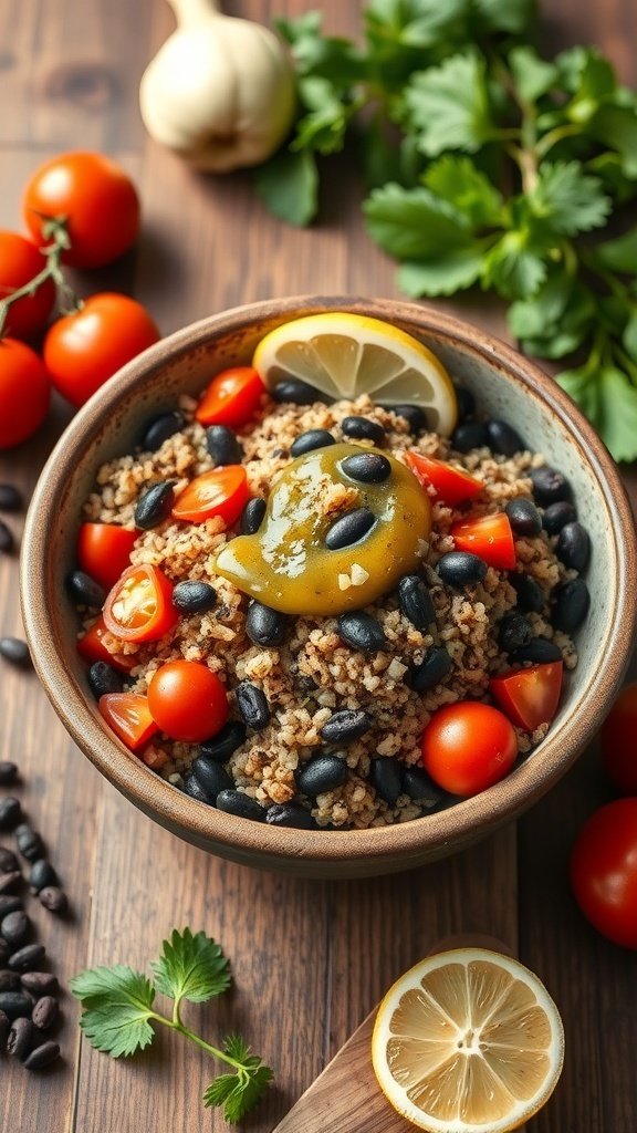 A bowl of bulgur wheat salad with black beans, cherry tomatoes, and lemon on a wooden table.