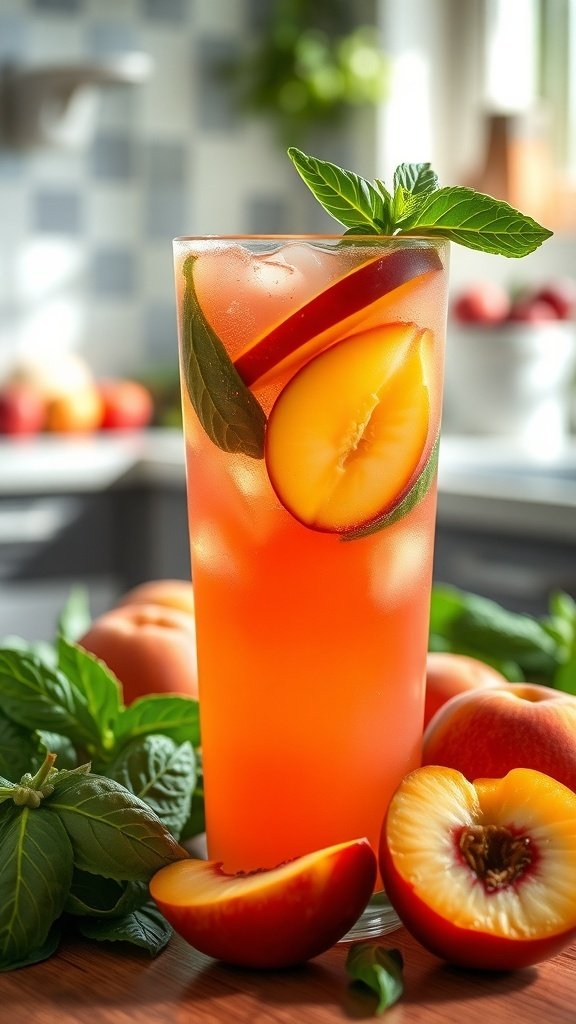 A refreshing glass of Peach and Basil Sangria garnished with peach slices and basil leaves.