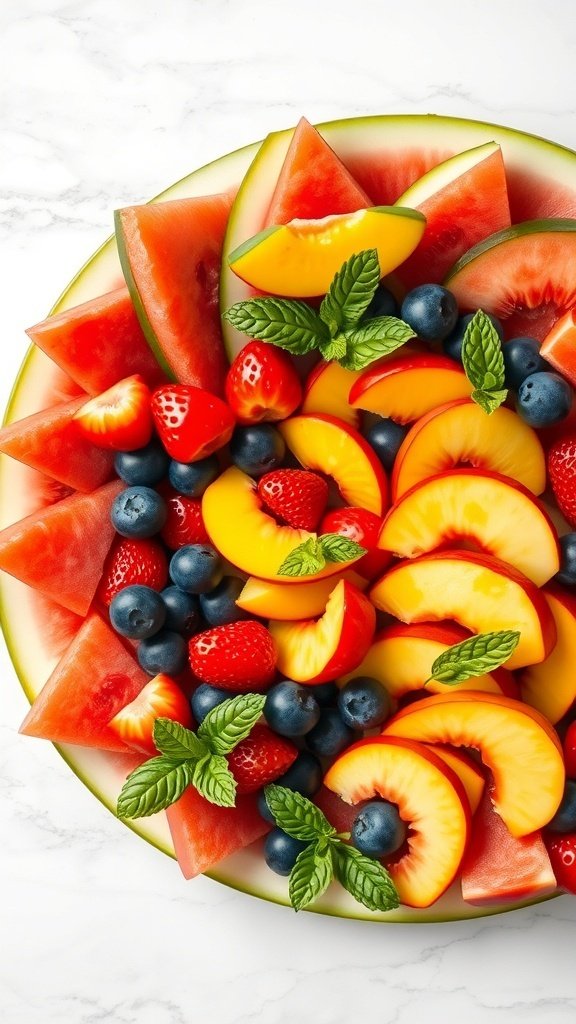 A vibrant fruit platter featuring watermelon, strawberries, peaches, and blueberries, garnished with fresh mint.