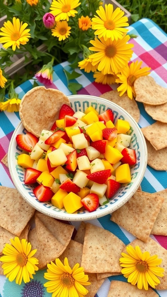 A bowl of colorful fruit salsa with strawberries, mango, and apple, surrounded by tortilla chips and flowers.