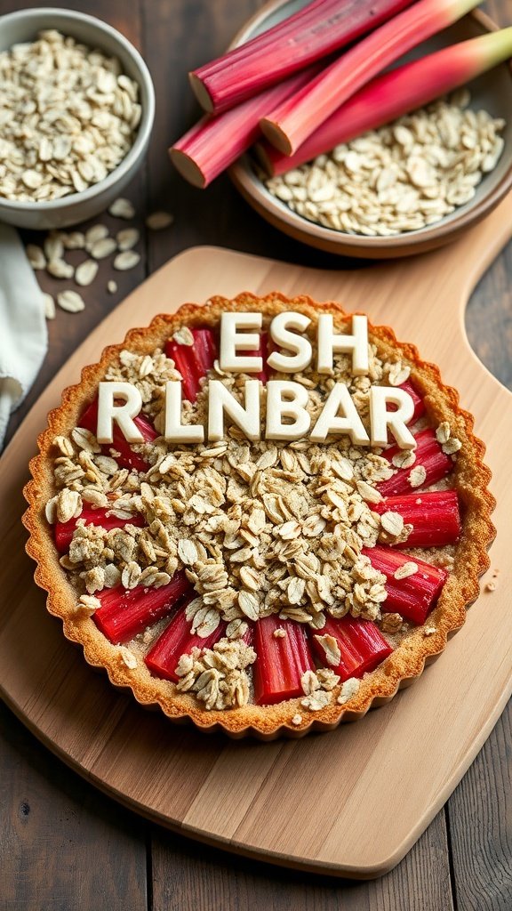 A hearty rhubarb oatmeal tart with rhubarb stalks and oats on a wooden board.