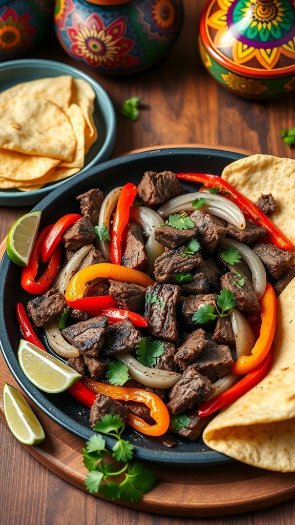 A plate of sizzling steak fajitas with colorful peppers and onions, served with tortillas and lime wedges.
