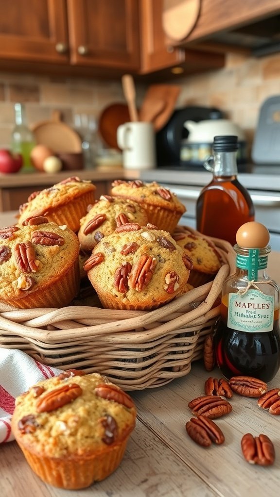 A basket of freshly baked maple pecan rhubarb muffins with a bottle of maple syrup and pecans in the foreground.